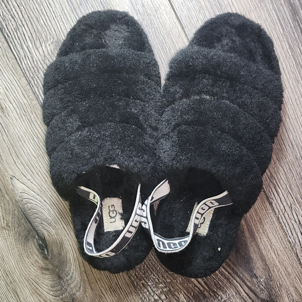 Ugg Fluff Yeah Black Slides Womens Size 8 Slingback Fur